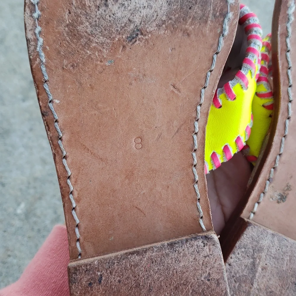 Palm Beach Handmade Leather Neon Green Pink Sandals Size 8 Beachy Tropical USA - Picture 6 of 16